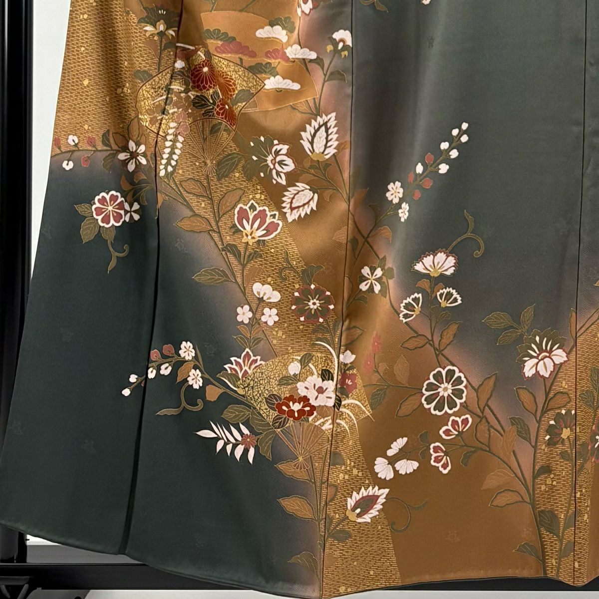 【庫存清倉】訪問服 身長157cm 袖長66cm M 雙層 扇子 草花紋紋 金彩裝飾 漸層 茶 純蠶絲 優品級