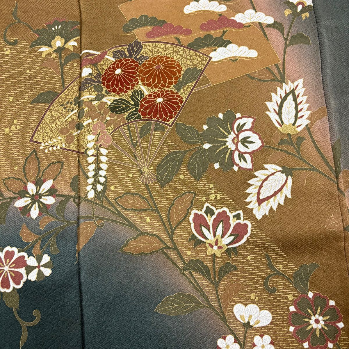 【庫存清倉】訪問服 身長157cm 袖長66cm M 雙層 扇子 草花紋紋 金彩裝飾 漸層 茶 純蠶絲 優品級