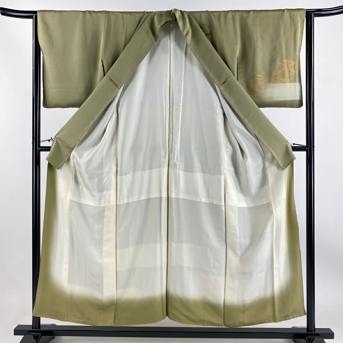 【庫存清倉】 付下 身長154cm 袖長63cm S 雙層 萬壽菊花 霞 金金箔 金銀彩 灰綠 純蠶絲 美品 秀品級
