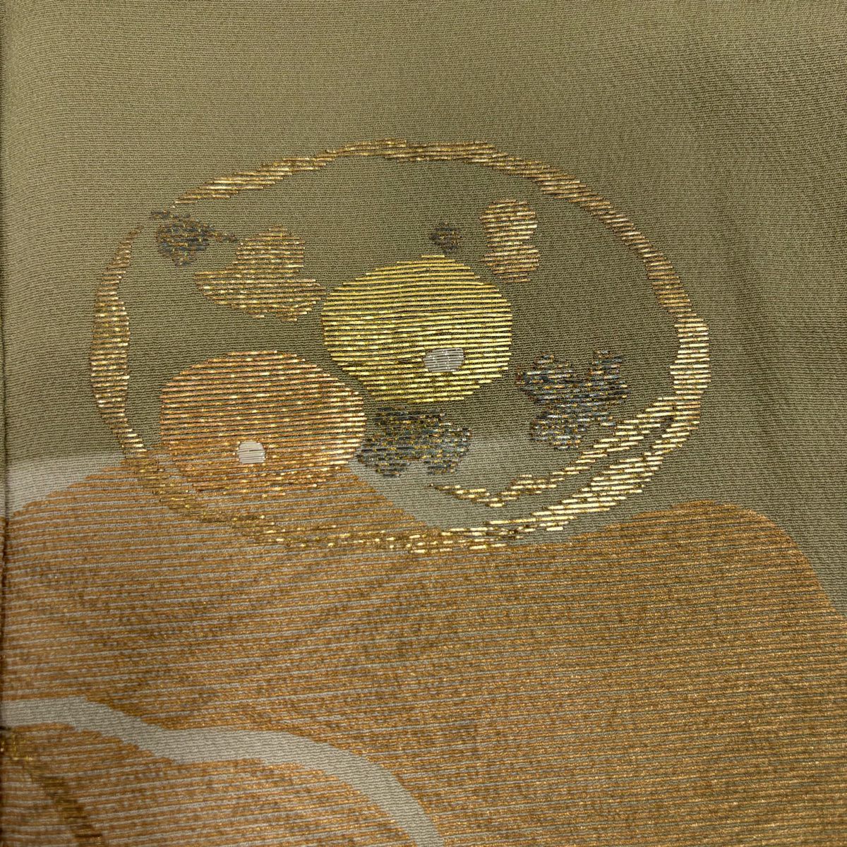 【庫存清倉】 付下 身長154cm 袖長63cm S 雙層 萬壽菊花 霞 金金箔 金銀彩 灰綠 純蠶絲 美品 秀品級
