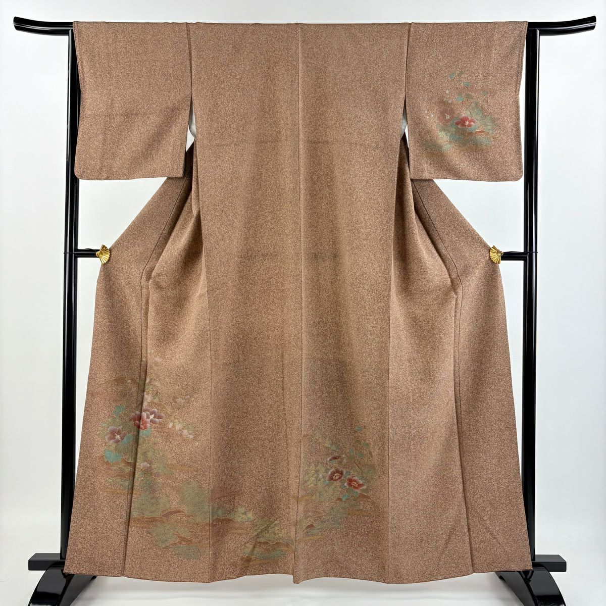 【庫存清倉】訪問服 身長162cm 袖長64cm M 雙層 草花紋紋 風景 金彩裝飾 茶 純蠶絲 美品 秀品級