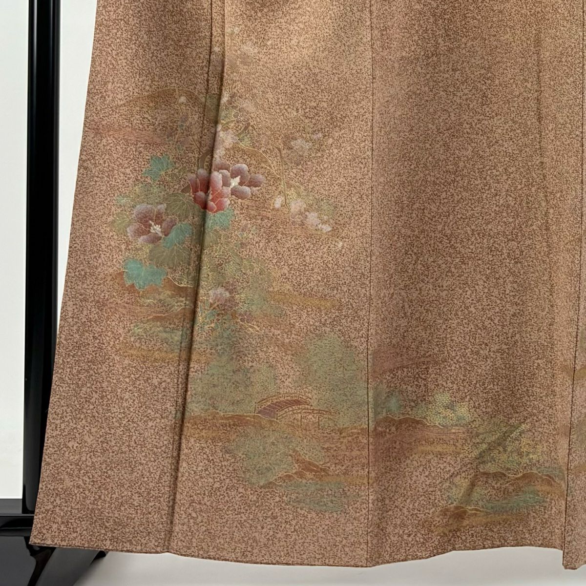【庫存清倉】訪問服 身長162cm 袖長64cm M 雙層 草花紋紋 風景 金彩裝飾 茶 純蠶絲 美品 秀品級