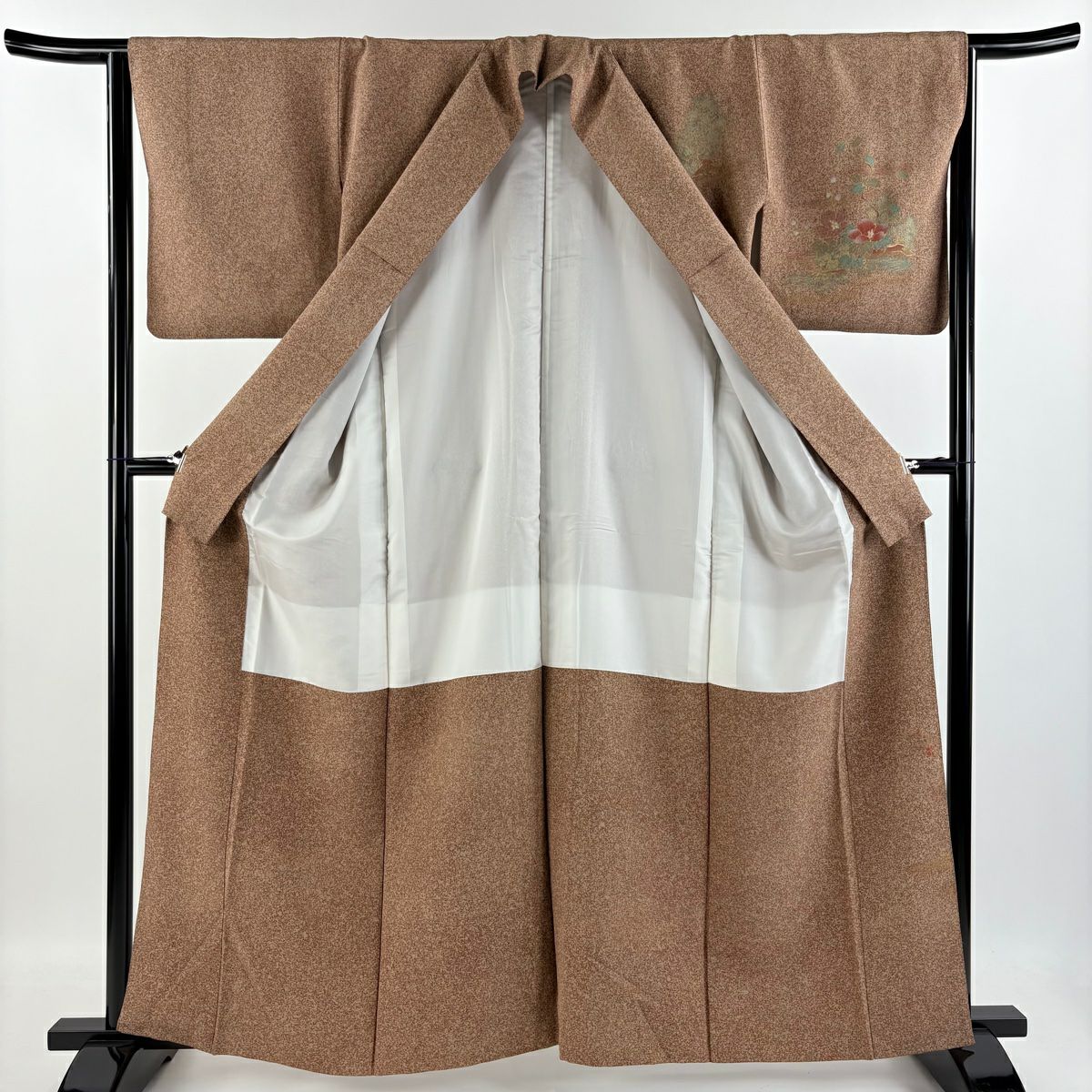 【庫存清倉】訪問服 身長162cm 袖長64cm M 雙層 草花紋紋 風景 金彩裝飾 茶 純蠶絲 美品 秀品級