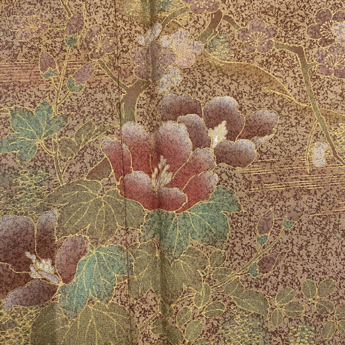 【庫存清倉】訪問服 身長162cm 袖長64cm M 雙層 草花紋紋 風景 金彩裝飾 茶 純蠶絲 美品 秀品級