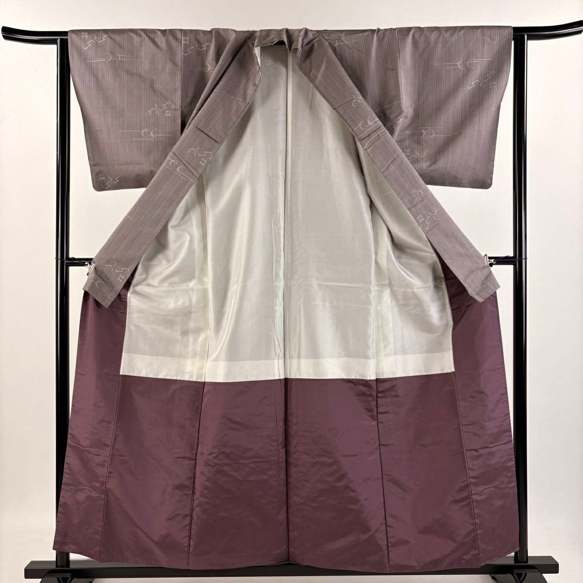 【庫存清倉】 紬織 身長157.5cm 袖長63cm S 雙層 縱條 幾何圖案 灰紫 純蠶絲 美品 秀品級