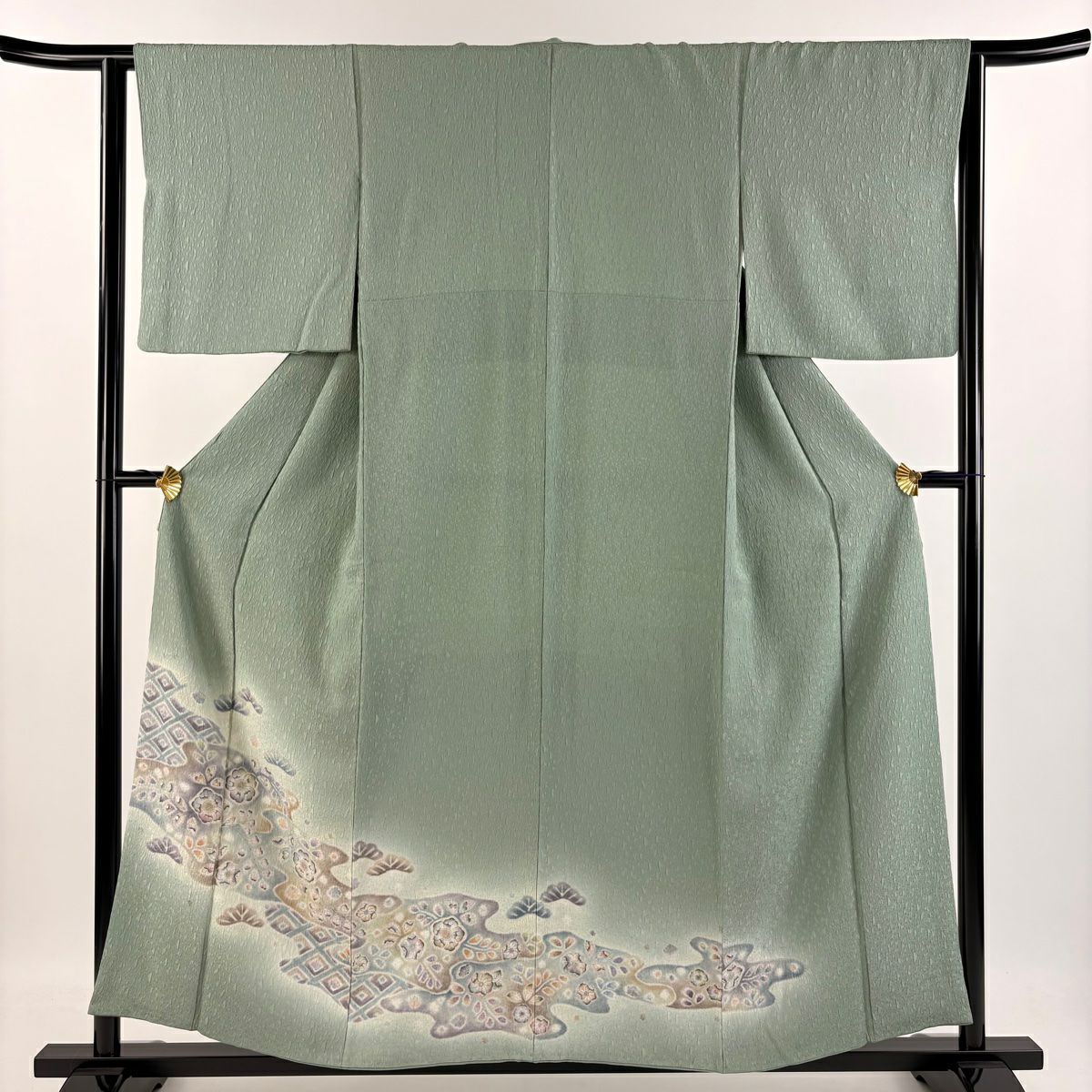 【庫存清倉】 付下 身長157cm 袖長63cm S 雙層 辻花染 花霞 絞染 漸層 灰綠 純蠶絲 優品級