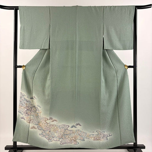 【庫存清倉】 付下 身長157cm 袖長63cm S 雙層 辻花染 花霞 絞染 漸層 灰綠 純蠶絲 優品級