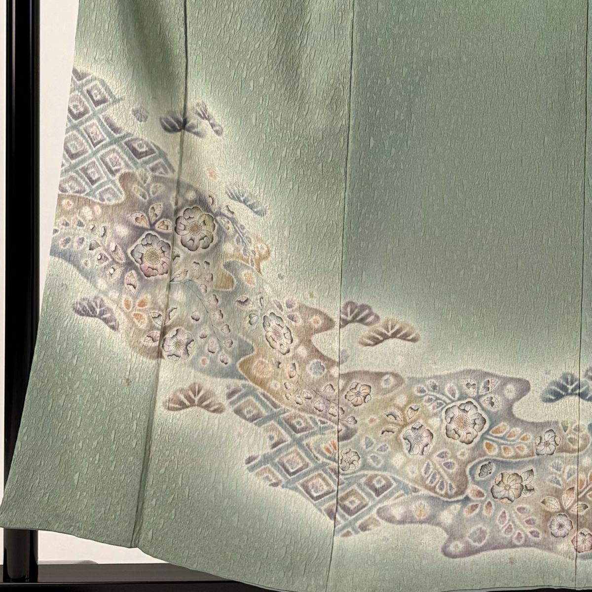 【庫存清倉】 付下 身長157cm 袖長63cm S 雙層 辻花染 花霞 絞染 漸層 灰綠 純蠶絲 優品級