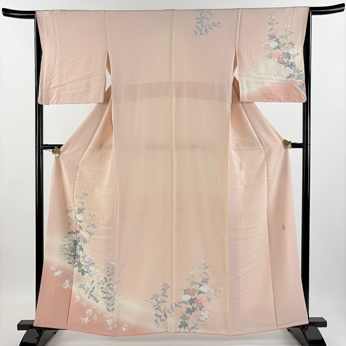 【庫存清倉】訪問服 身長159cm 袖長65.5cm M 雙層 藤舟 有落款 菊花枝花 漸層 粉紅 純蠶絲 優品級