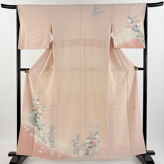 【庫存清倉】訪問服 身長159cm 袖長65.5cm M 雙層 藤舟 有落款 菊花枝花 漸層 粉紅 純蠶絲 優品級