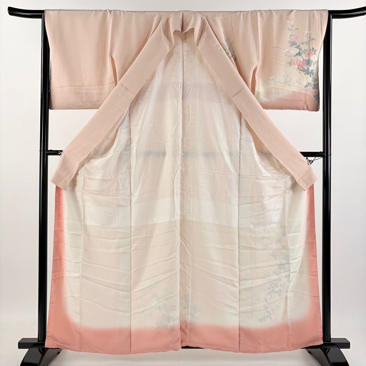 【庫存清倉】訪問服 身長159cm 袖長65.5cm M 雙層 藤舟 有落款 菊花枝花 漸層 粉紅 純蠶絲 優品級
