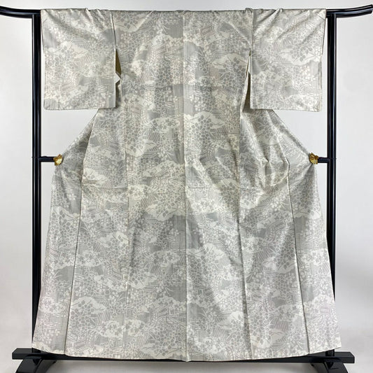 【庫存清倉】 紬織 身長158cm 袖長63.5cm S 雙層 御所車 草花紋 灰白 純蠶絲 優品級
