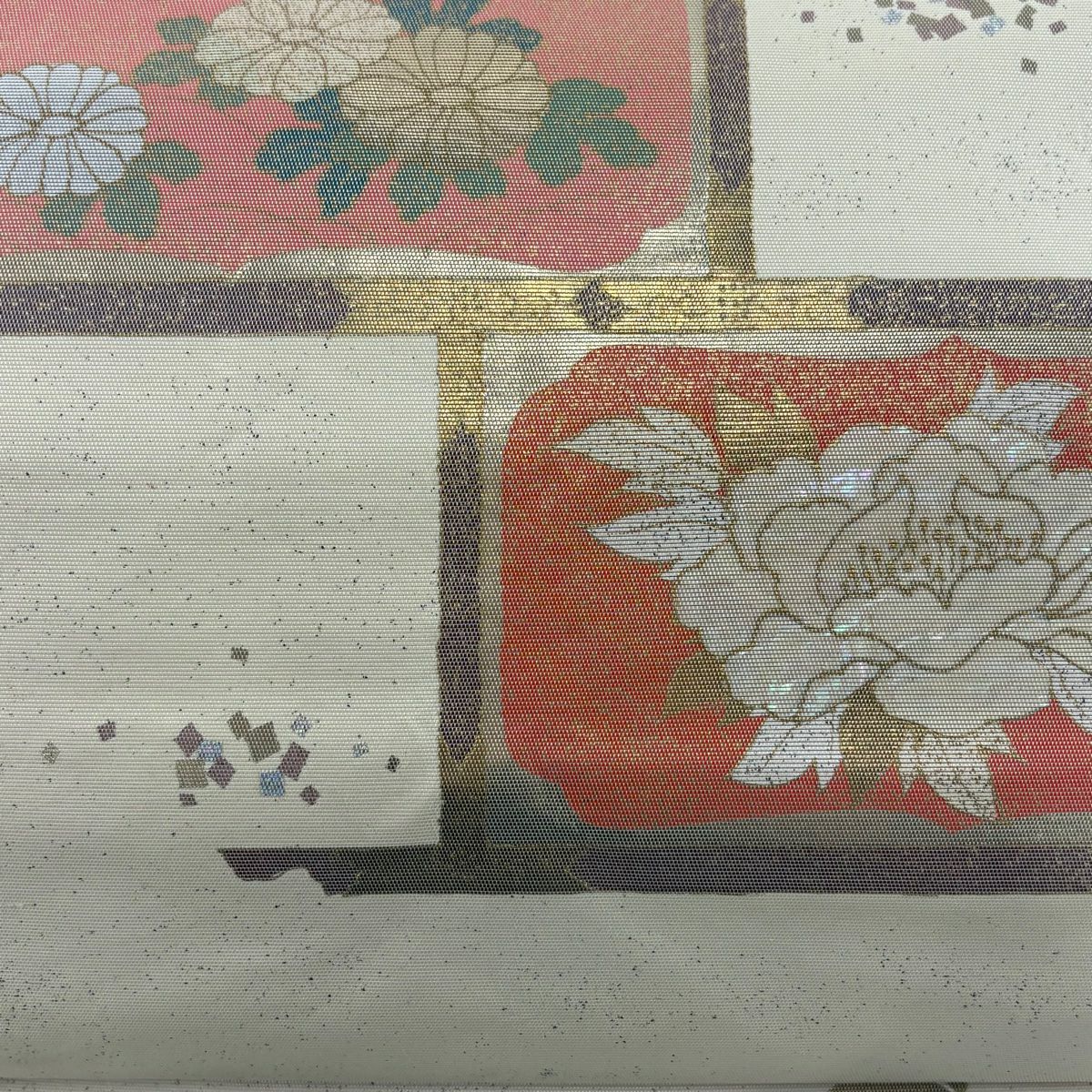 【庫存清倉】 名古屋帶 優品級 牡丹 菊花 螺鈿金金箔 金金箔 奶油色 純蠶絲