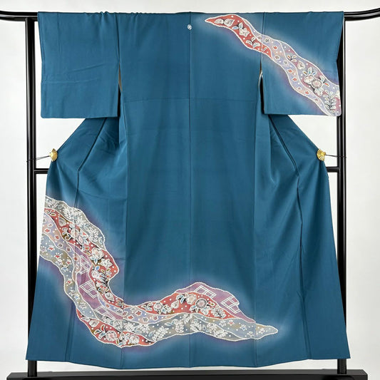 【庫存清倉】訪問服 身長152.5cm 袖長64cm M 雙層 辻花染圖案 道長取 漸層 青灰色 純蠶絲 優品級 一個紋