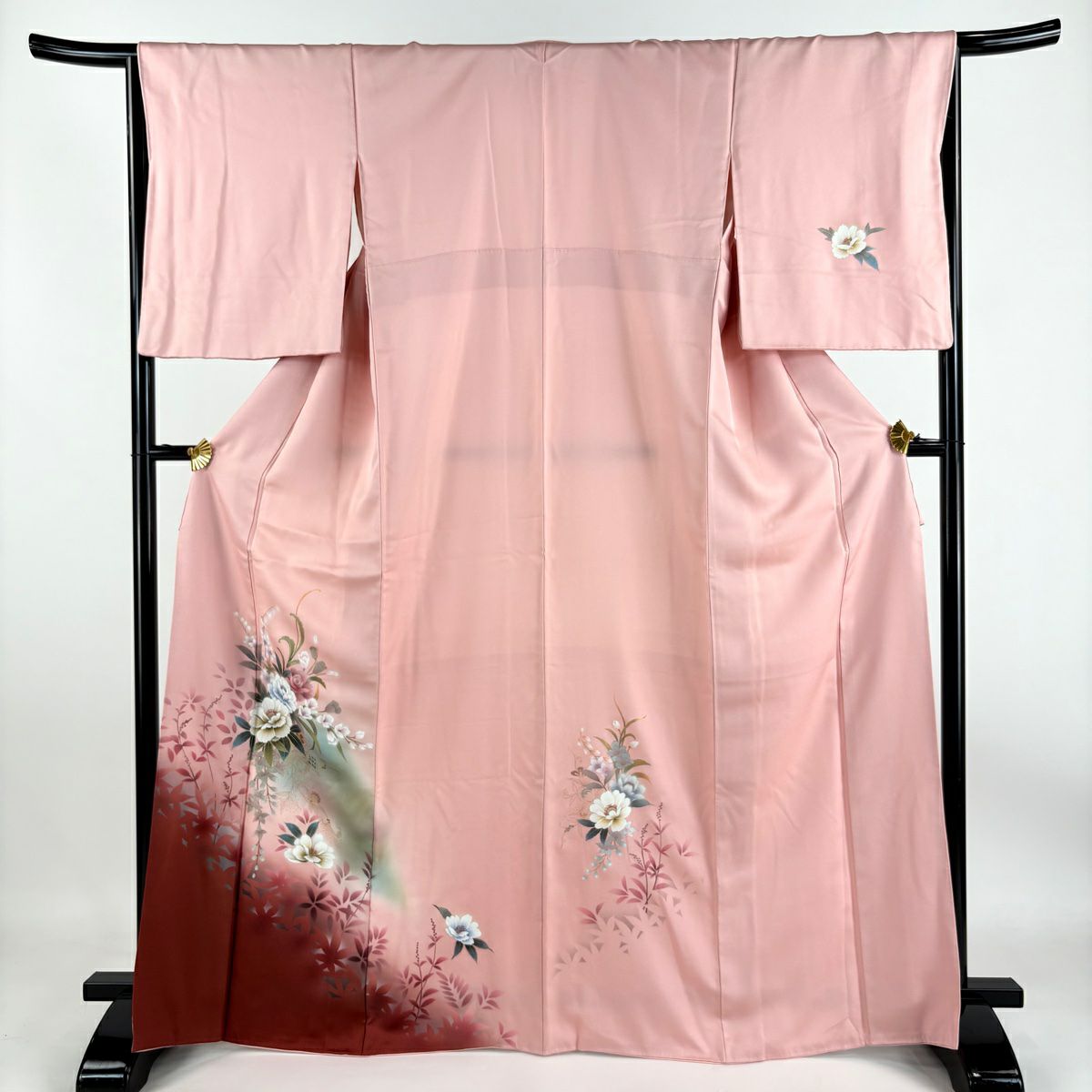 【庫存清倉】 付下 身長166cm 袖長67cm M 雙層 草花紋紋 輪廓 金彩裝飾 漸層 粉紅 純蠶絲 優品級