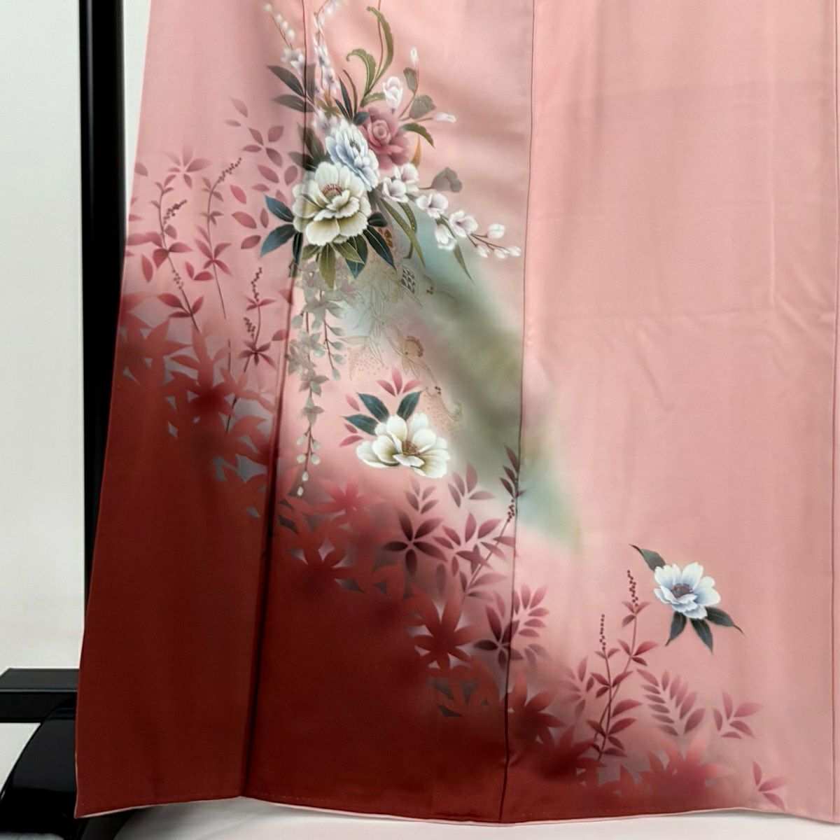 【庫存清倉】 付下 身長166cm 袖長67cm M 雙層 草花紋紋 輪廓 金彩裝飾 漸層 粉紅 純蠶絲 優品級