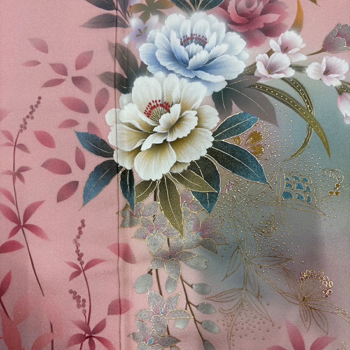 【庫存清倉】 付下 身長166cm 袖長67cm M 雙層 草花紋紋 輪廓 金彩裝飾 漸層 粉紅 純蠶絲 優品級