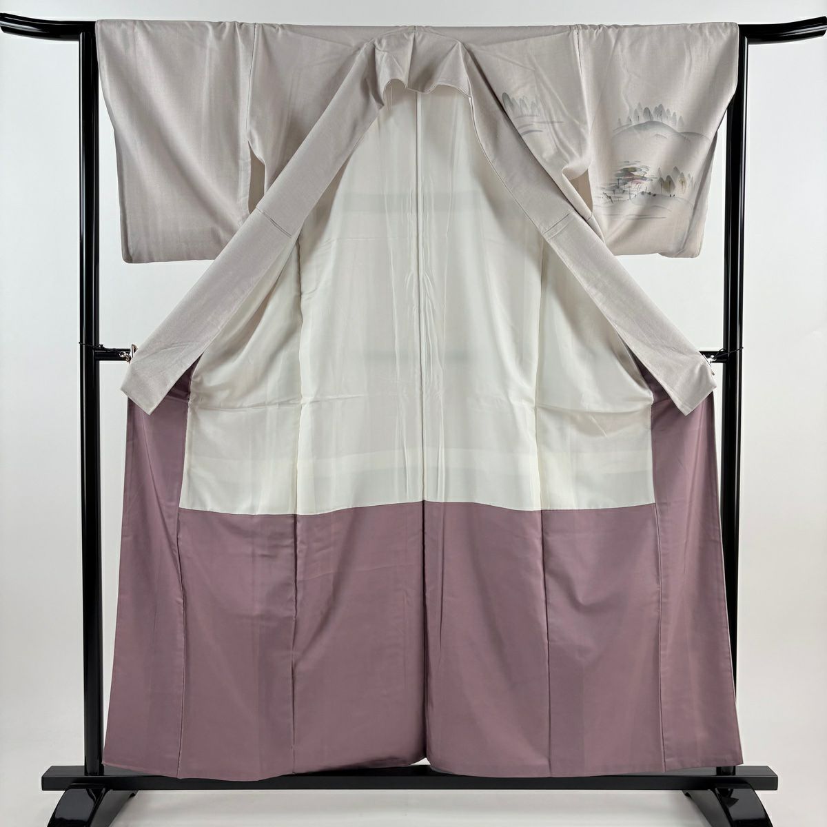 【庫存清倉】訪問服 身長160.5cm 袖長64.5cm M 雙層 紬織織 笠松樹 家屋 金銀彩 淡紫 純蠶絲 優品級
