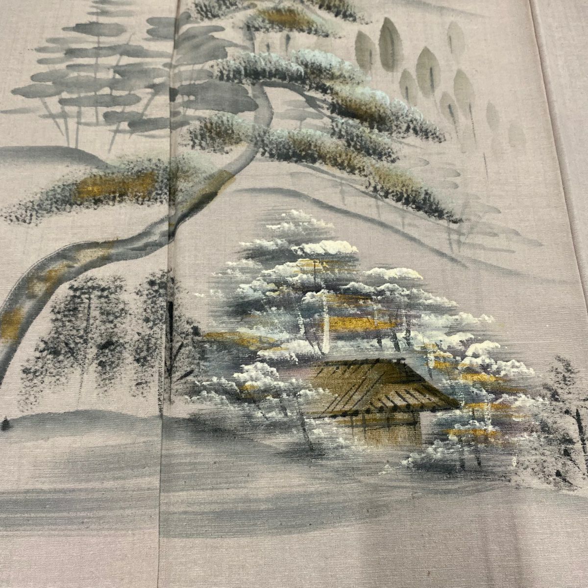 【庫存清倉】訪問服 身長160.5cm 袖長64.5cm M 雙層 紬織織 笠松樹 家屋 金銀彩 淡紫 純蠶絲 優品級