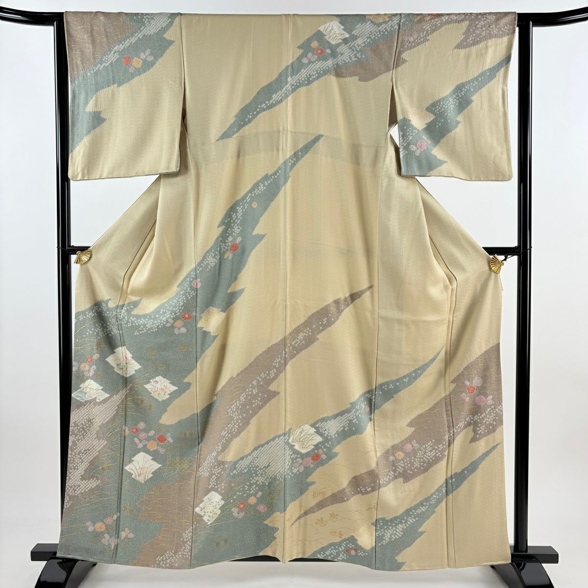 【庫存清倉】訪問服 身長161cm 袖長63.5cm S 雙層 秋草 松樹川菱 絞染 金銀彩 米色 純蠶絲 優品級