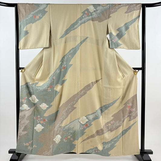 【庫存清倉】訪問服 身長161cm 袖長63.5cm S 雙層 秋草 松樹川菱 絞染 金銀彩 米色 純蠶絲 優品級