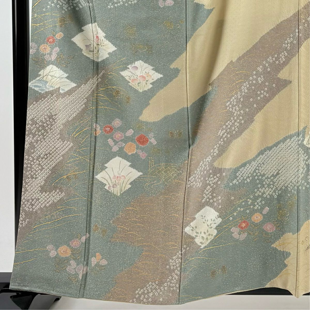 【庫存清倉】訪問服 身長161cm 袖長63.5cm S 雙層 秋草 松樹川菱 絞染 金銀彩 米色 純蠶絲 優品級