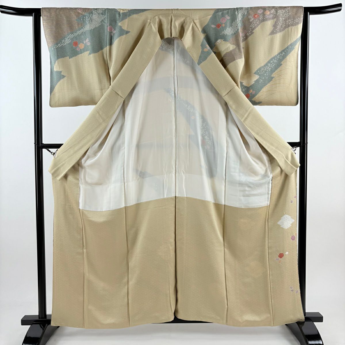【庫存清倉】訪問服 身長161cm 袖長63.5cm S 雙層 秋草 松樹川菱 絞染 金銀彩 米色 純蠶絲 優品級