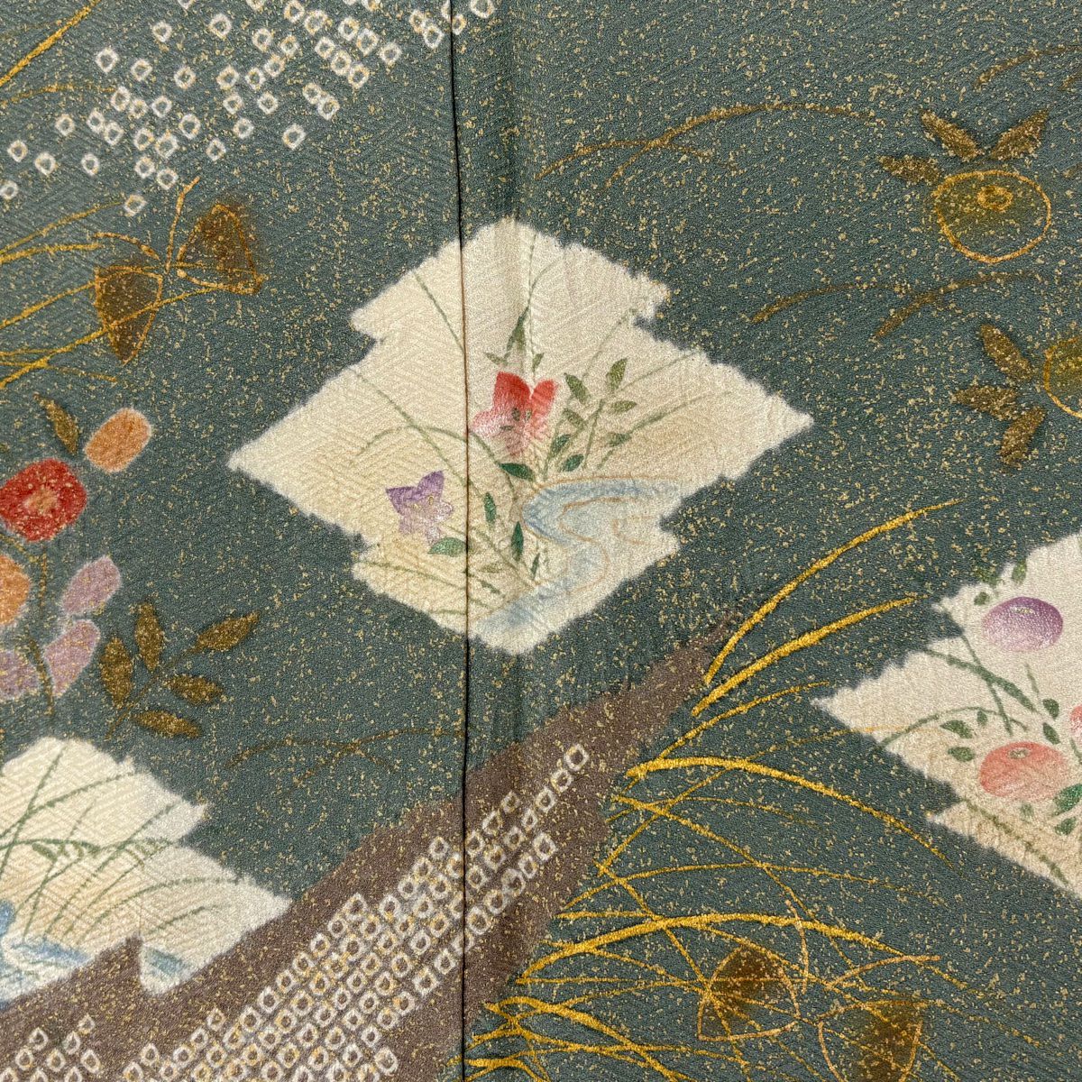 【庫存清倉】訪問服 身長161cm 袖長63.5cm S 雙層 秋草 松樹川菱 絞染 金銀彩 米色 純蠶絲 優品級