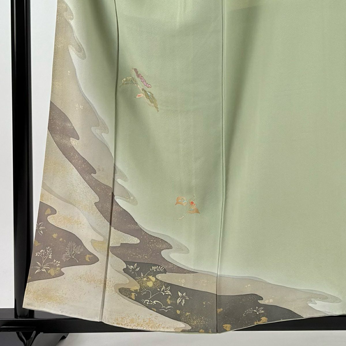 【庫存清倉】 付下 身長159cm 袖長62.5cm S 雙層 葡萄 草花紋刺繡 金金箔 灰綠 純蠶絲 優品級 一個紋