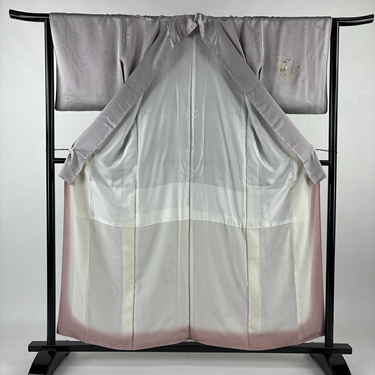 【庫存清倉】 付下 身長155.5cm 袖長64.5cm M 雙層 草花紋紋 霞 金銀彩 染分 薄紫 純蠶絲 美品 秀品級