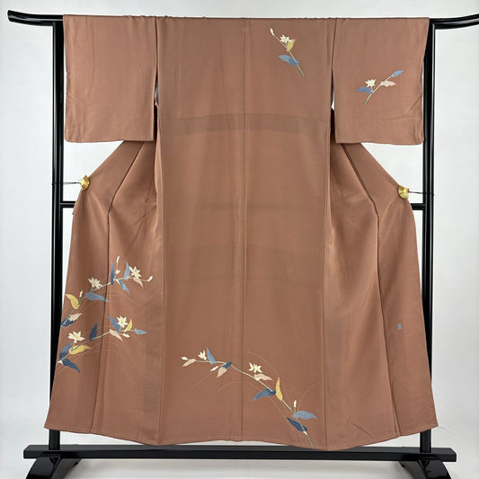 【庫存清倉】 付下 身長151cm 袖長64cm M 雙層 落款 草花紋 紅豆色 純蠶絲 優品級 一個紋