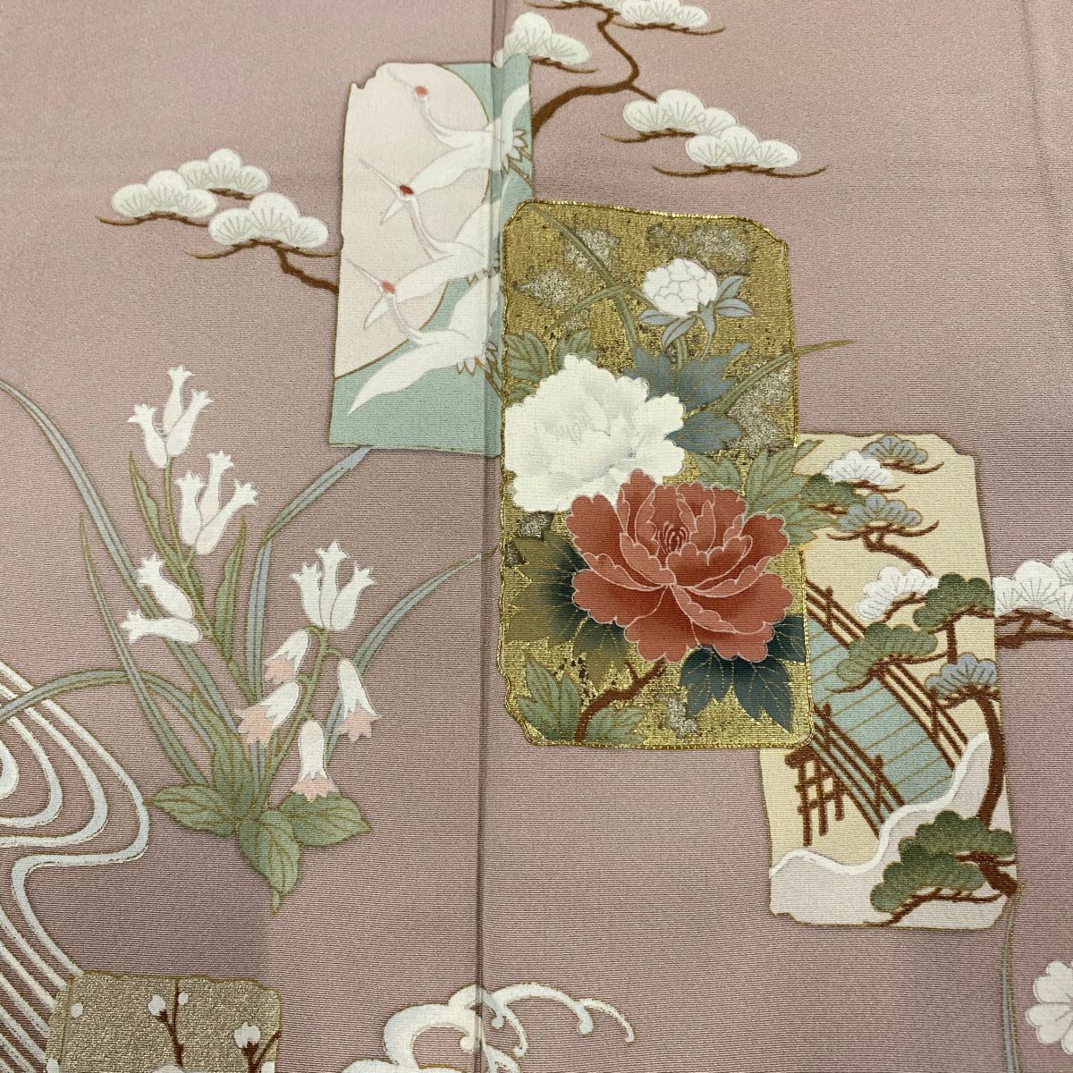 【庫存清倉】 留袖禮服禮服 身長158cm 袖長64.5cm M 雙層 短冊 花鳥 金絲 金銀彩 粉紅 純蠶絲 優品級 一個紋