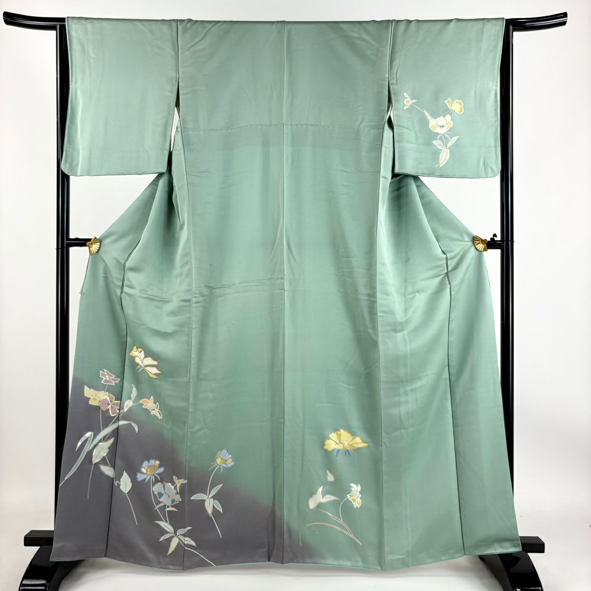 【庫存清倉】訪問服 身長163cm 袖長64.5cm M 雙層 草花紋紋 金銀彩 漸層 淺綠 純蠶絲 優品級