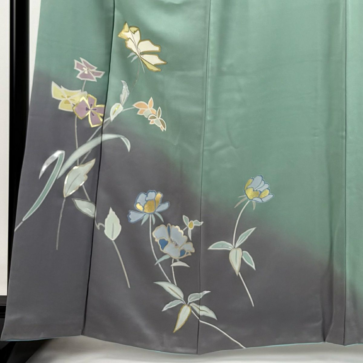 【庫存清倉】訪問服 身長163cm 袖長64.5cm M 雙層 草花紋紋 金銀彩 漸層 淺綠 純蠶絲 優品級
