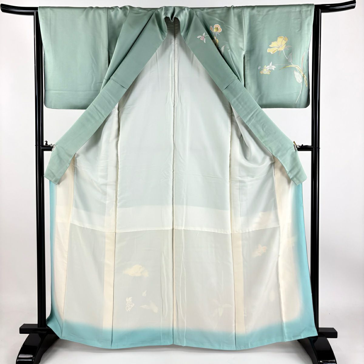 【庫存清倉】訪問服 身長163cm 袖長64.5cm M 雙層 草花紋紋 金銀彩 漸層 淺綠 純蠶絲 優品級