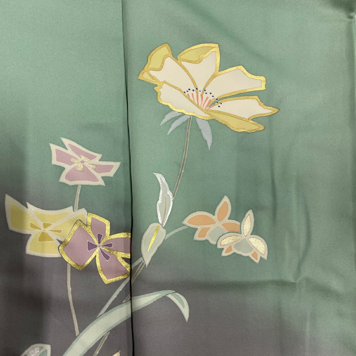 【庫存清倉】訪問服 身長163cm 袖長64.5cm M 雙層 草花紋紋 金銀彩 漸層 淺綠 純蠶絲 優品級