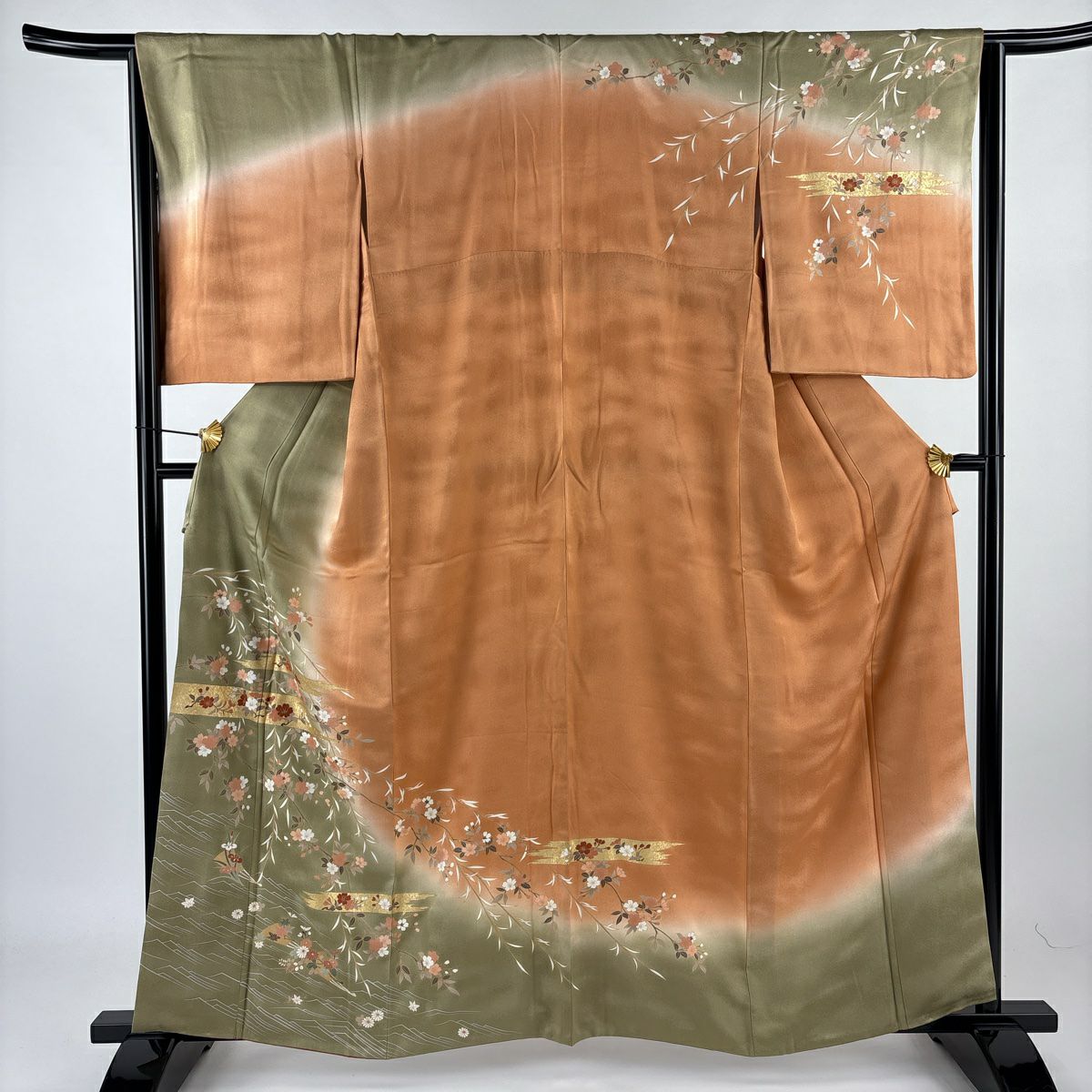 【庫存清倉】訪問服 身長160.5cm 袖長64cm M 雙層 鈴乃屋 櫻霞 金絲刺繡 艾草綠 純蠶絲 優品級