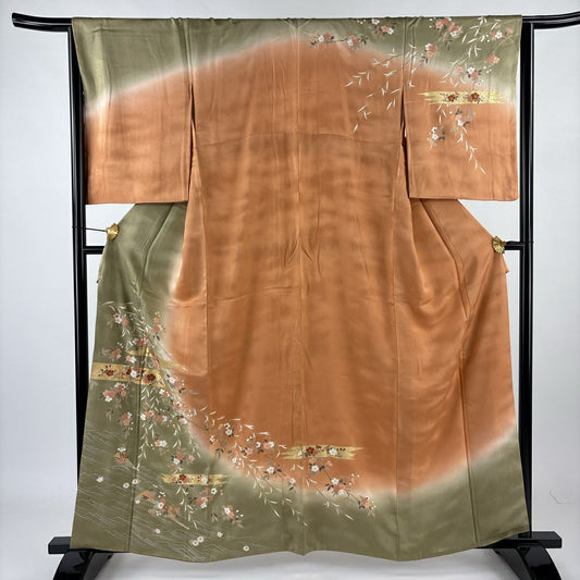 【庫存清倉】訪問服 身長160.5cm 袖長64cm M 雙層 鈴乃屋 櫻霞 金絲刺繡 艾草綠 純蠶絲 優品級