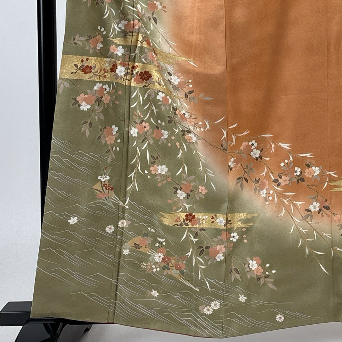 【庫存清倉】訪問服 身長160.5cm 袖長64cm M 雙層 鈴乃屋 櫻霞 金絲刺繡 艾草綠 純蠶絲 優品級