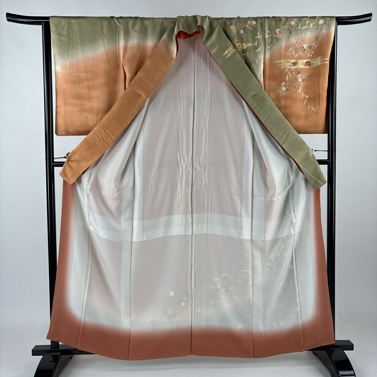【庫存清倉】訪問服 身長160.5cm 袖長64cm M 雙層 鈴乃屋 櫻霞 金絲刺繡 艾草綠 純蠶絲 優品級