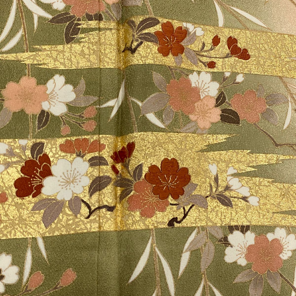 【庫存清倉】訪問服 身長160.5cm 袖長64cm M 雙層 鈴乃屋 櫻霞 金絲刺繡 艾草綠 純蠶絲 優品級