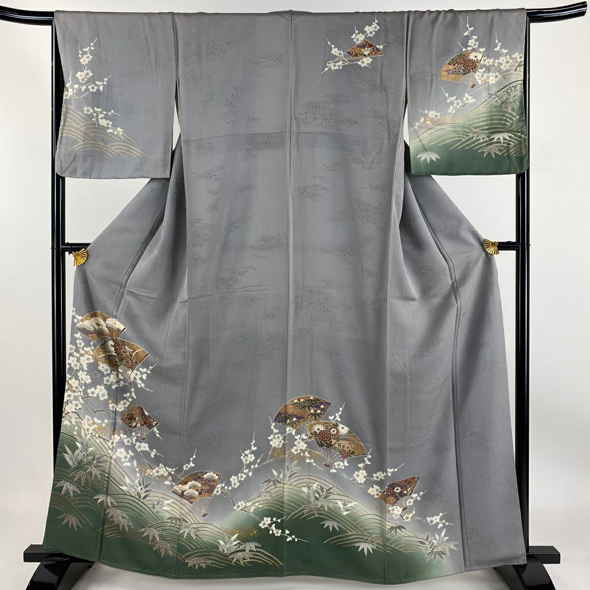 【庫存清倉】訪問服 身長162cm 袖長65cm M 雙層 扇子子 枝梅花 金彩裝飾 染分 灰色 純蠶絲 優品級