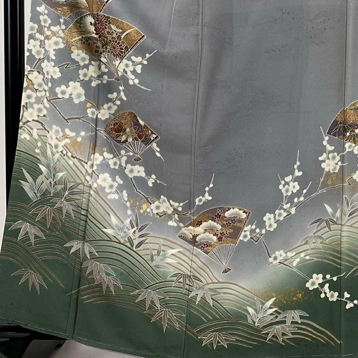【庫存清倉】訪問服 身長162cm 袖長65cm M 雙層 扇子子 枝梅花 金彩裝飾 染分 灰色 純蠶絲 優品級