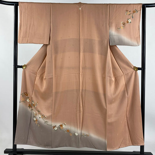 【庫存清倉】 付下 身長152cm 袖長62cm S 雙層 菊花花 漸層 金銀彩 鮭粉色 純蠶絲 優品級 一個紋