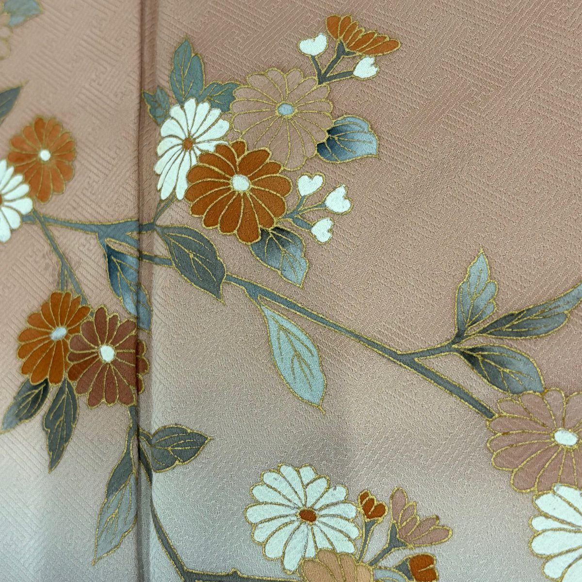 【庫存清倉】 付下 身長152cm 袖長62cm S 雙層 菊花花 漸層 金銀彩 鮭粉色 純蠶絲 優品級 一個紋