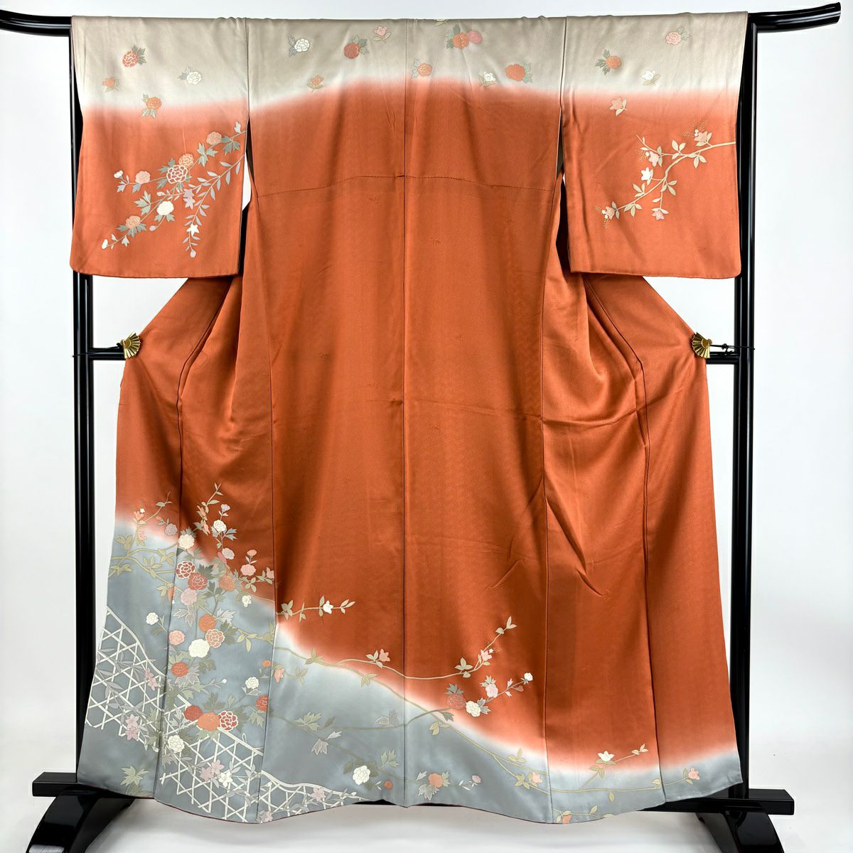 【庫存清倉】訪問服 身長158cm 袖長67cm M 雙層 草花紋紋 籠目 金銀彩 染分 紅茶 純蠶絲 優品級