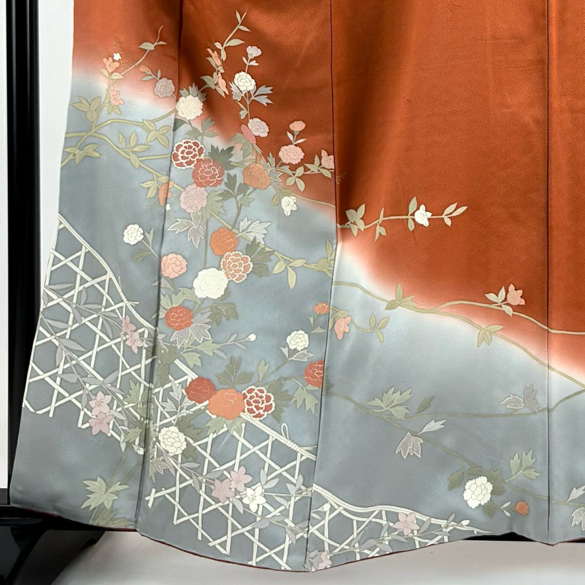 【庫存清倉】訪問服 身長158cm 袖長67cm M 雙層 草花紋紋 籠目 金銀彩 染分 紅茶 純蠶絲 優品級