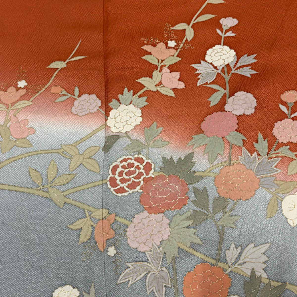 【庫存清倉】訪問服 身長158cm 袖長67cm M 雙層 草花紋紋 籠目 金銀彩 染分 紅茶 純蠶絲 優品級