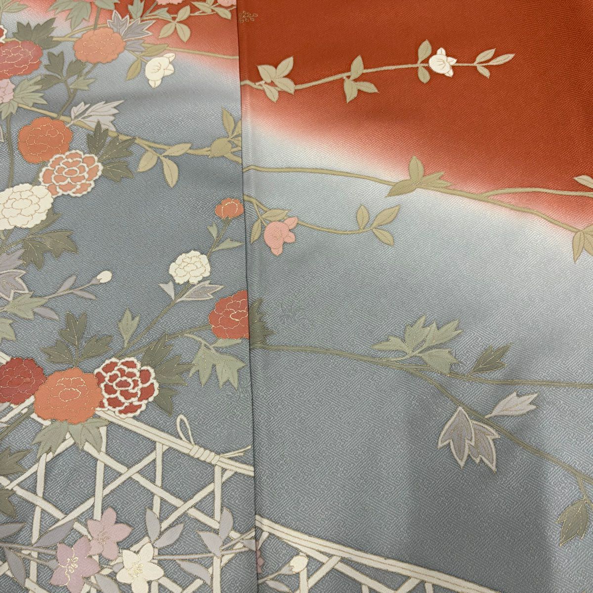 【庫存清倉】訪問服 身長158cm 袖長67cm M 雙層 草花紋紋 籠目 金銀彩 染分 紅茶 純蠶絲 優品級