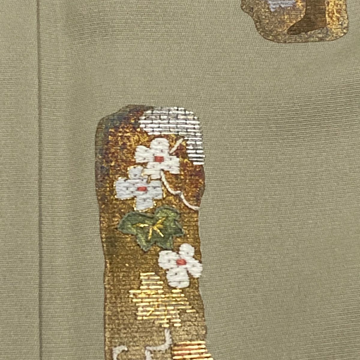 【庫存清倉】 付下 身長157cm 袖長63cm S 雙層 蔦 草花紋紋 金金箔 刺繡 灰綠 純蠶絲 優品級